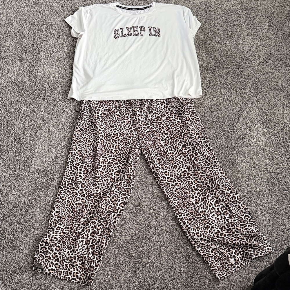 Women's White 'Sleep In' Tee and Leopard Print Pajama Set - only worn 1x